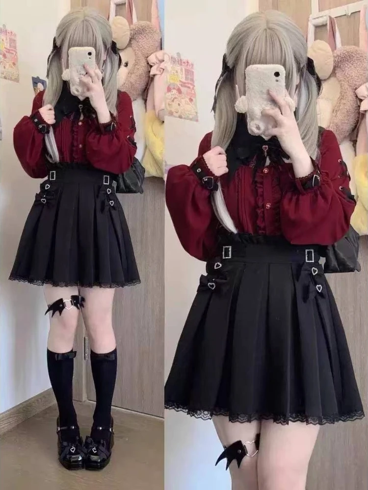 

Мини-юбки в стиле Лолиты Y2k для женщин, милая черная юбка с бантом и оборками, высокая талия, новая японская модная юбка принцессы Kawaii