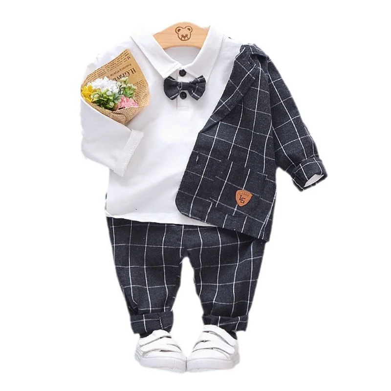 

New Spring Autumn Baby Clothes Children Boys Casual Plaid Coat T-Shirt Pants 3Pcs/Sets Toddler Gentleman Suit Kids Tracksuits