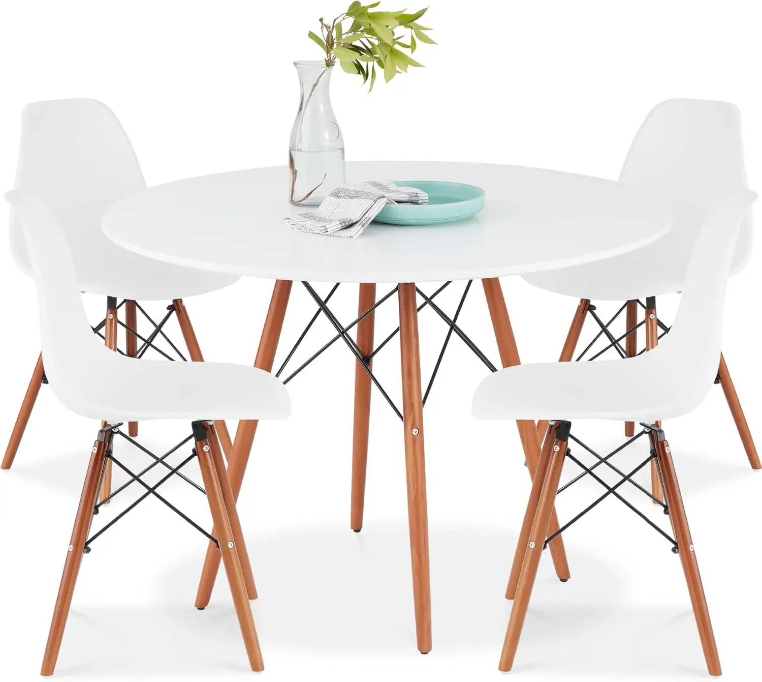 Compact Mid-Century Modern Table & Chair Set for Home, Apartment w/ 4 Chairs, Plastic Seats, Wooden Legs, Metal Frame - Brown/Wh