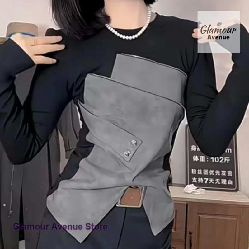 

Korean-style irregular pleated waist slim shirt women's autumn and winter pure round neck long-sleeved T-shirt bottoming shirt