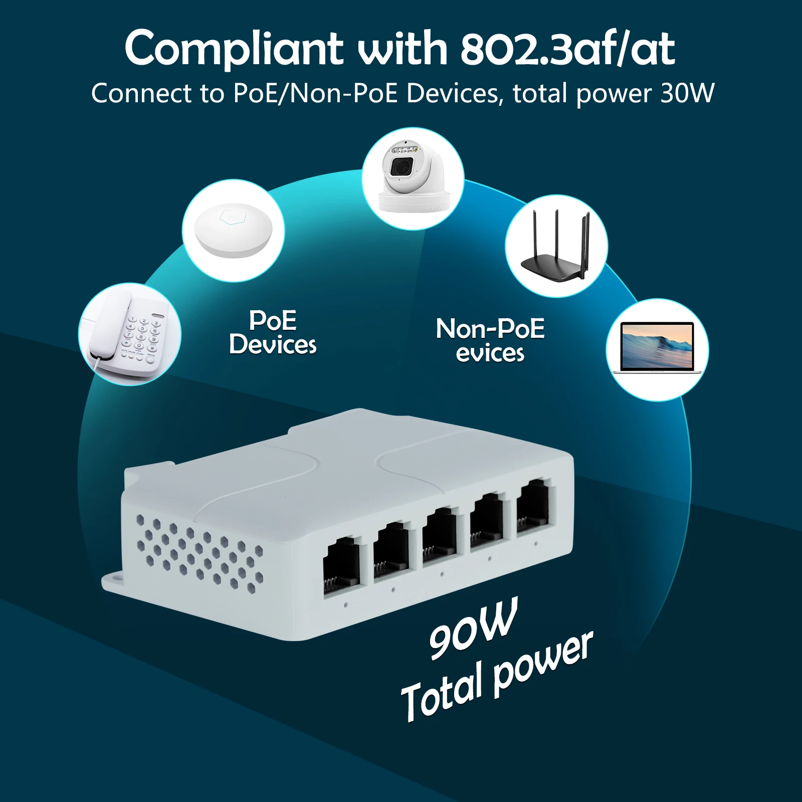 Gadinan-Repetidor Extender PoE, 5 portas, 100Mbps, 100 metros, VLAN 44-57V, 90W, compatível com IEEE802.3af, a RJ45, 1 em 4 de saída para câmera IP