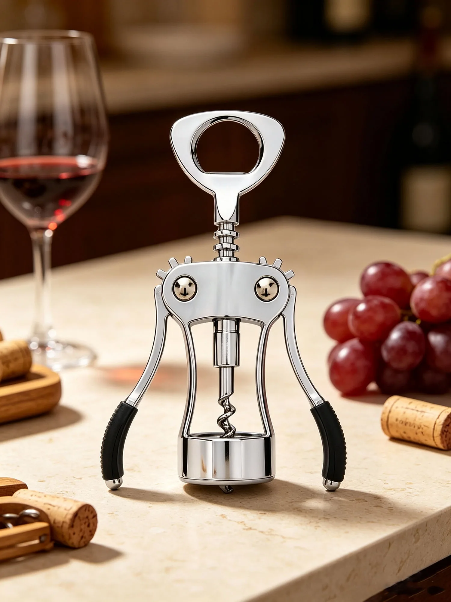Apribottiglie a doppia aletta in lega di zinco cromata, lungo 19 cm, con manico antiscivolo e spirale affilata, ideale per bar, uso domestico e feste.