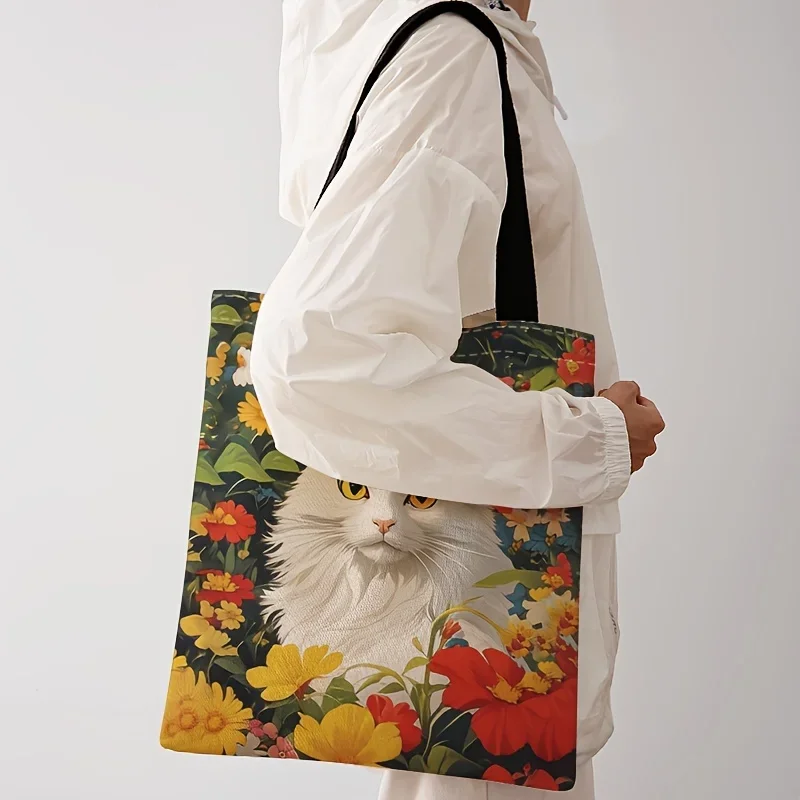 Women's Fashion Tote Bag with Cute White Cat Floral Print Durable Reusable Shopping Bag Multifunctional Shoulder Bag