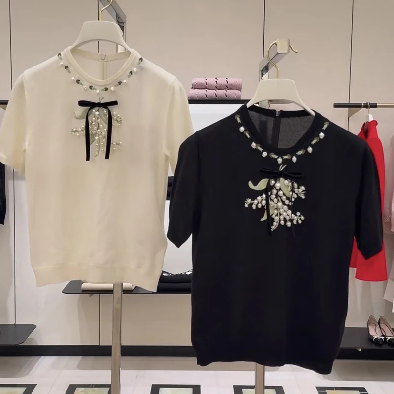 

Handmade Beaded Pearl Embroidery Blue Bell Flower Woolen Knitted Open Cardigan Hooded Top French Sle Women's Sweater