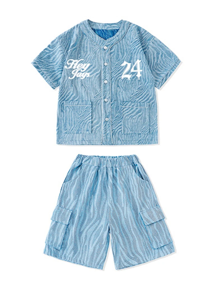 New Children Street Dance Clothing Hip Hop Denim Baseball Coat Summer Short Sleeves Boys Girls Group Performance Costume BL12309