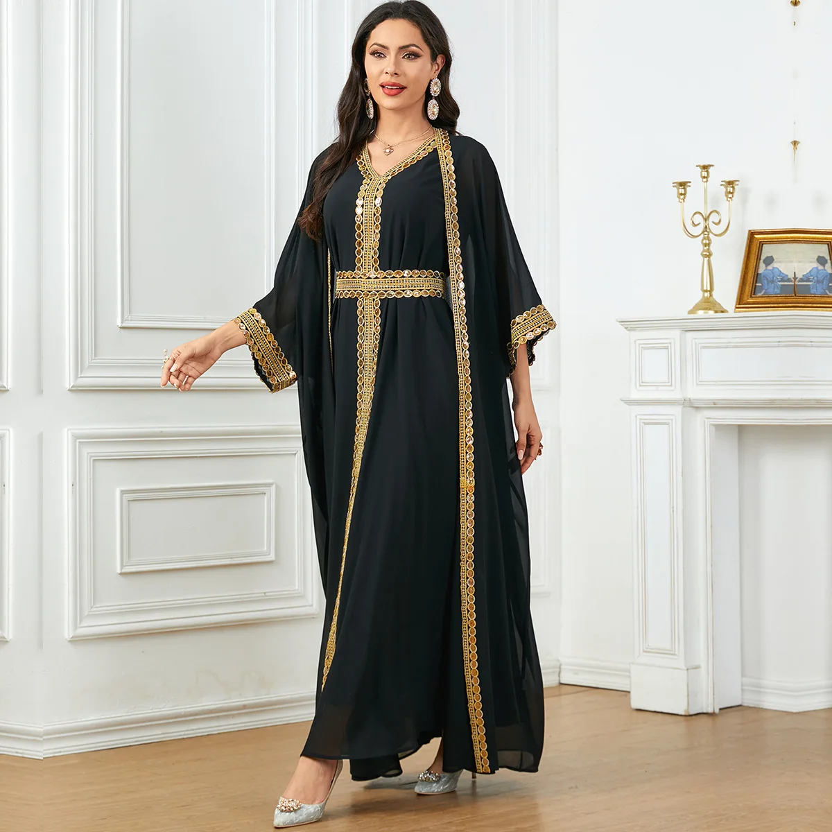 38412024 new Muslim chiffon solid color V-neck gold ribbon loose dress