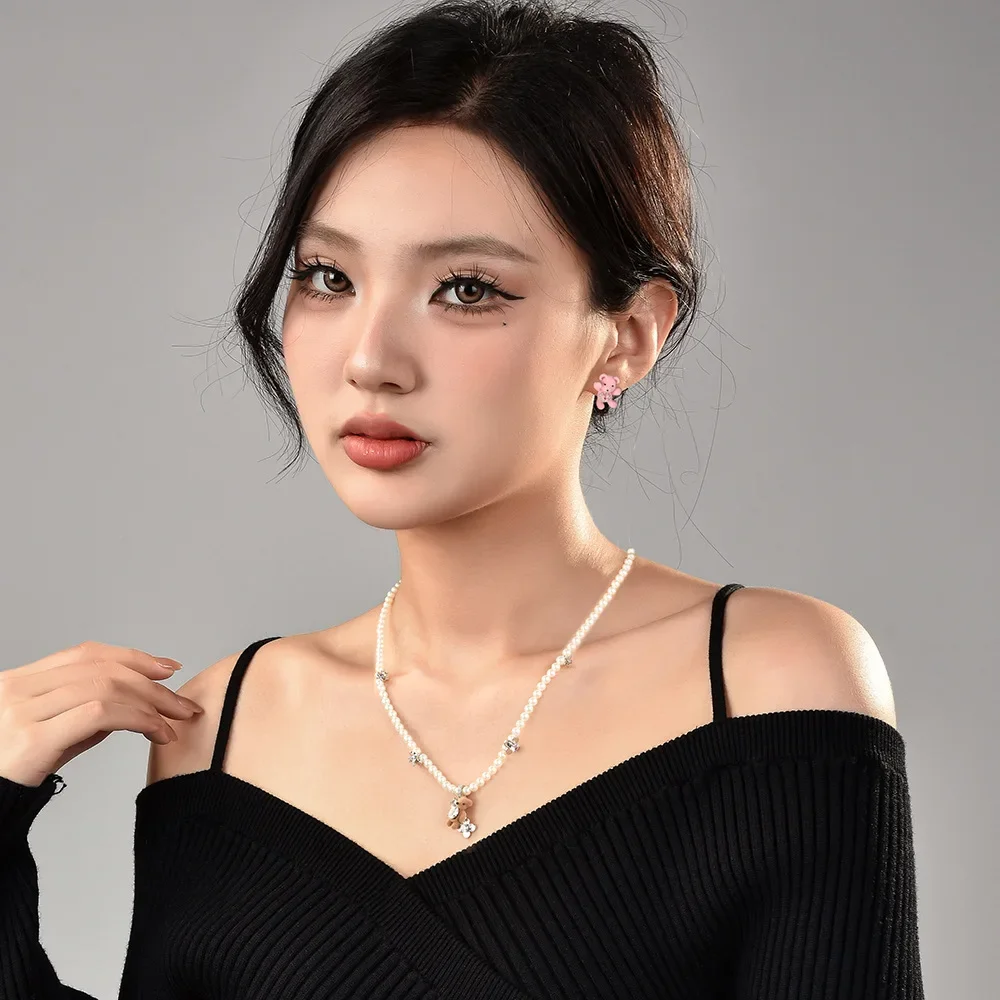 قلادة من اللؤلؤ على شكل دب مخملي حلو ورائع، سلسلة الترقوة المتخصصة للسيدات، إكسسوار للرقبة، سلسلة سترة