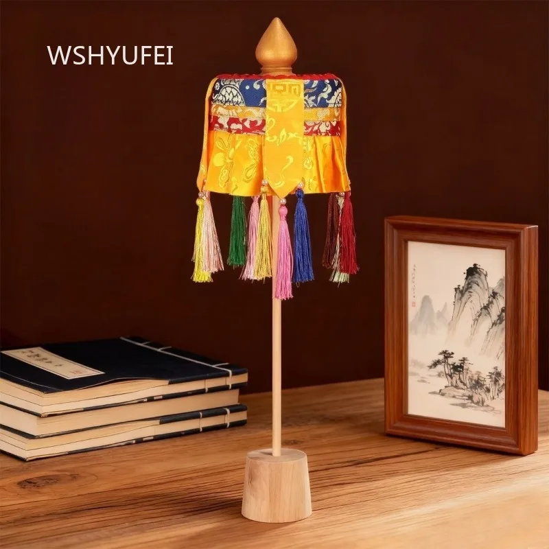 Tibetan Victory Banner Gyaltsen Altar Offering with Silk Tassels Mini Buddhist Parasol on Wooden Stand for Home Temple