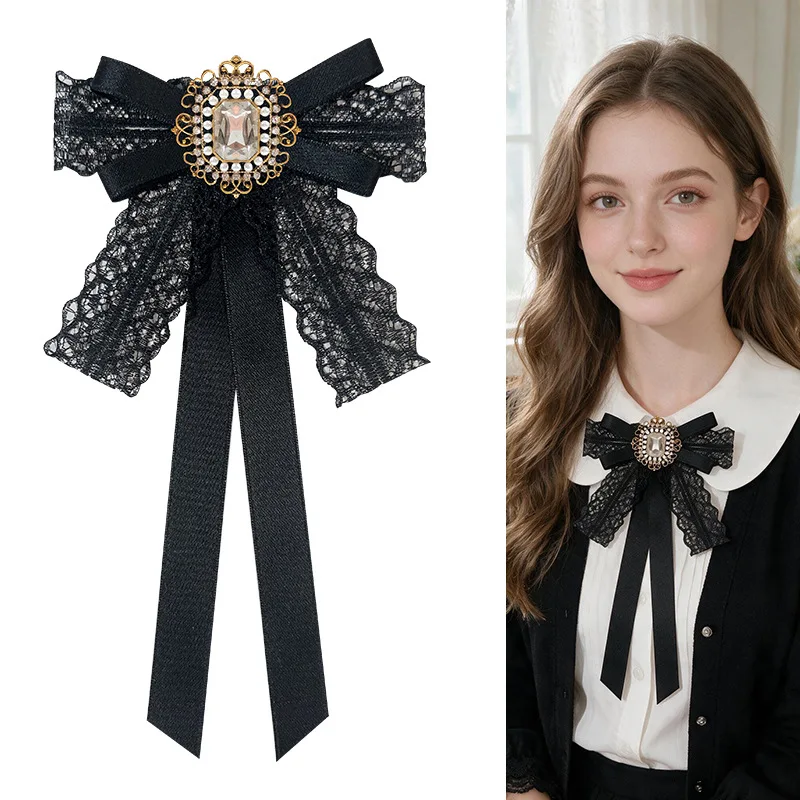 Korean Fabric Lace Bow Tie Rhinestone Ribbon Brooch Pins for Women Shirt Collar Daily Party Fashion Jewelry Accessory