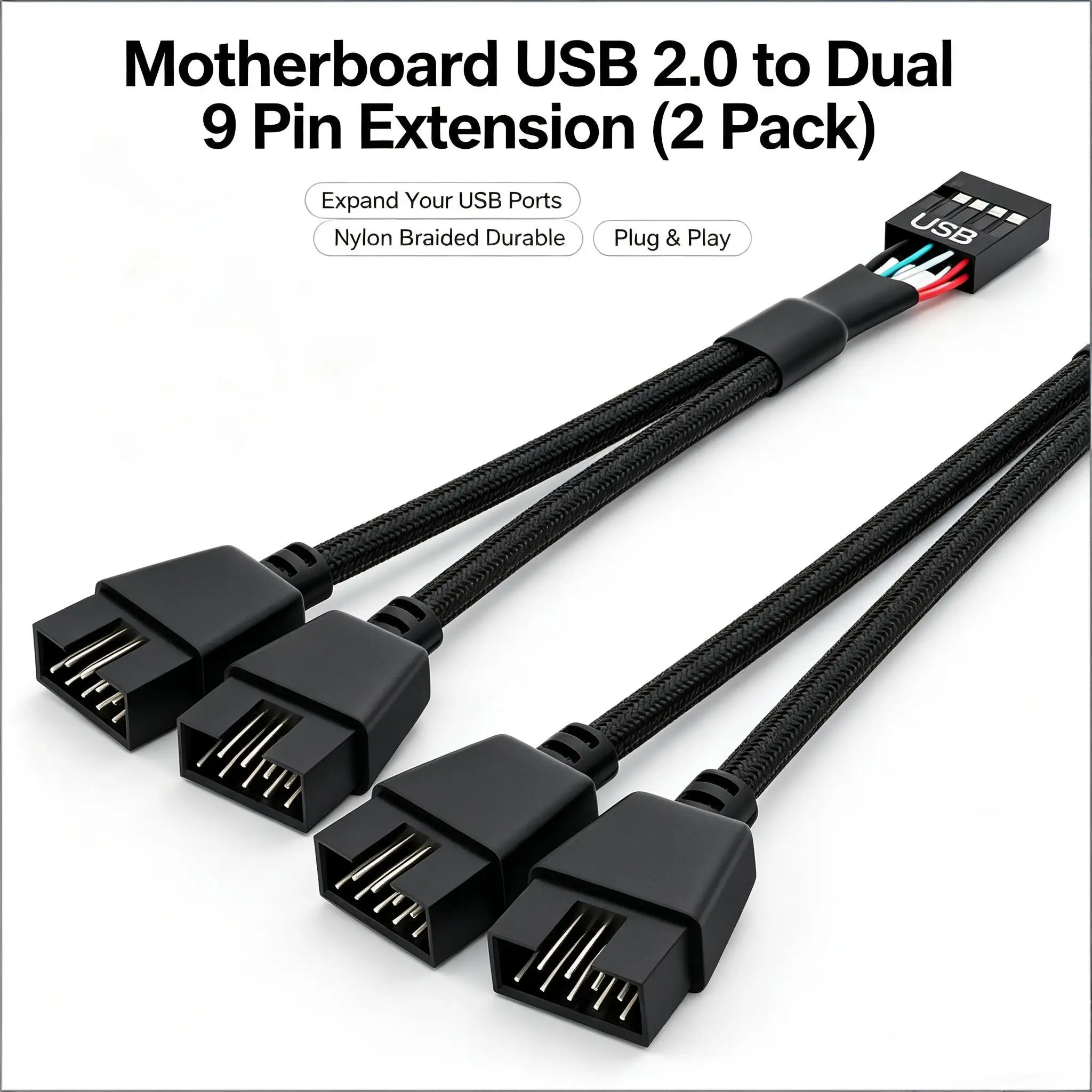 2 Pack Motherboard USB 2.0 to Dual 9 Pin Extension, USB Header Splitter for Internal Computer Motherboard