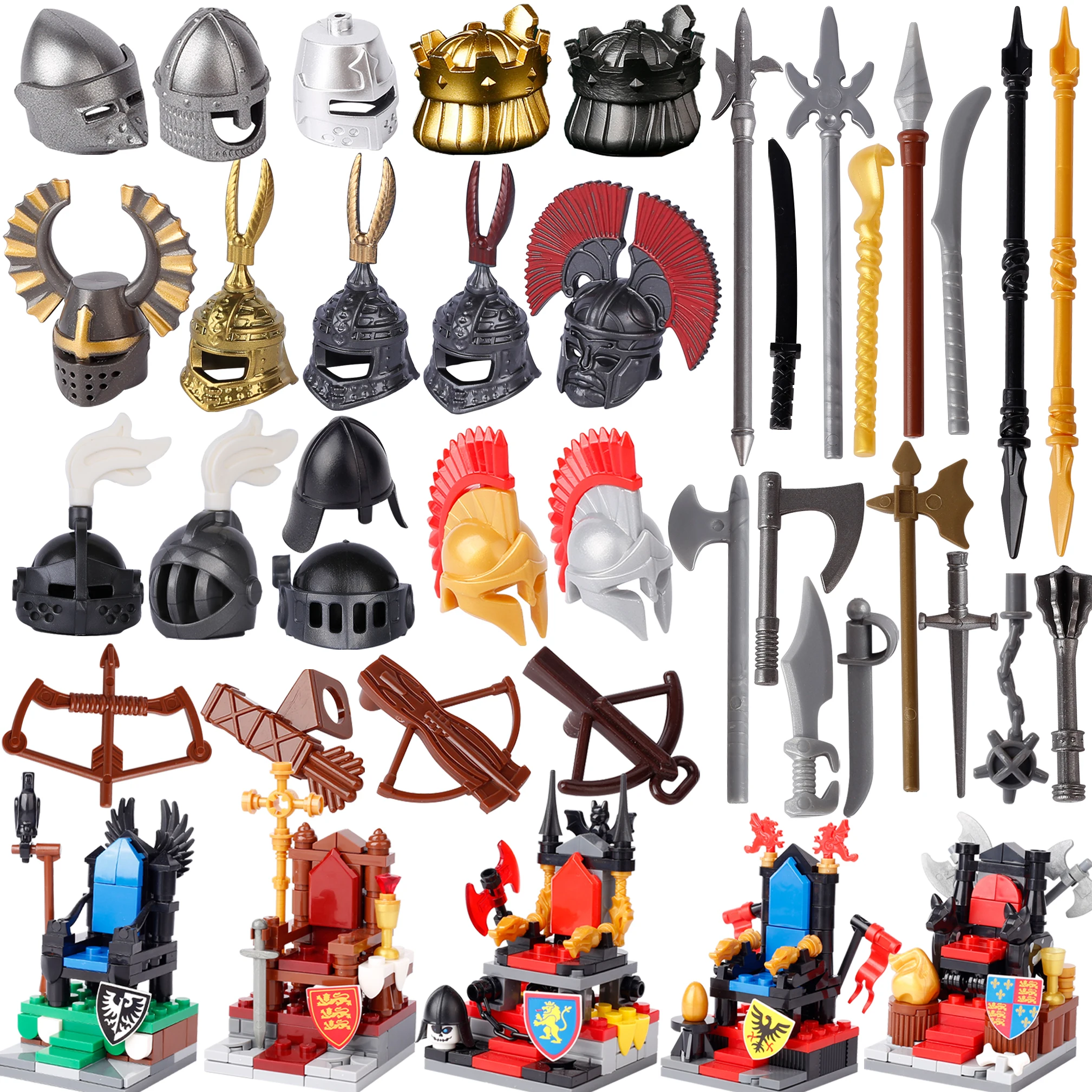 MOC Medieval Weapons Teutonic Knights Helmets Building Blocks Spear Bow Crown Crossbow Bricks Toys Boys Gift