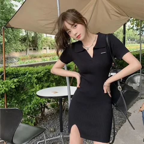 블랙 타이트 짧은 코르셋 미니 슬리브 Bodycon 여성 드레스 스플릿 Kpop 하라주쿠 판매 중 클리어런스 원피스 트렌디 여성 드레스