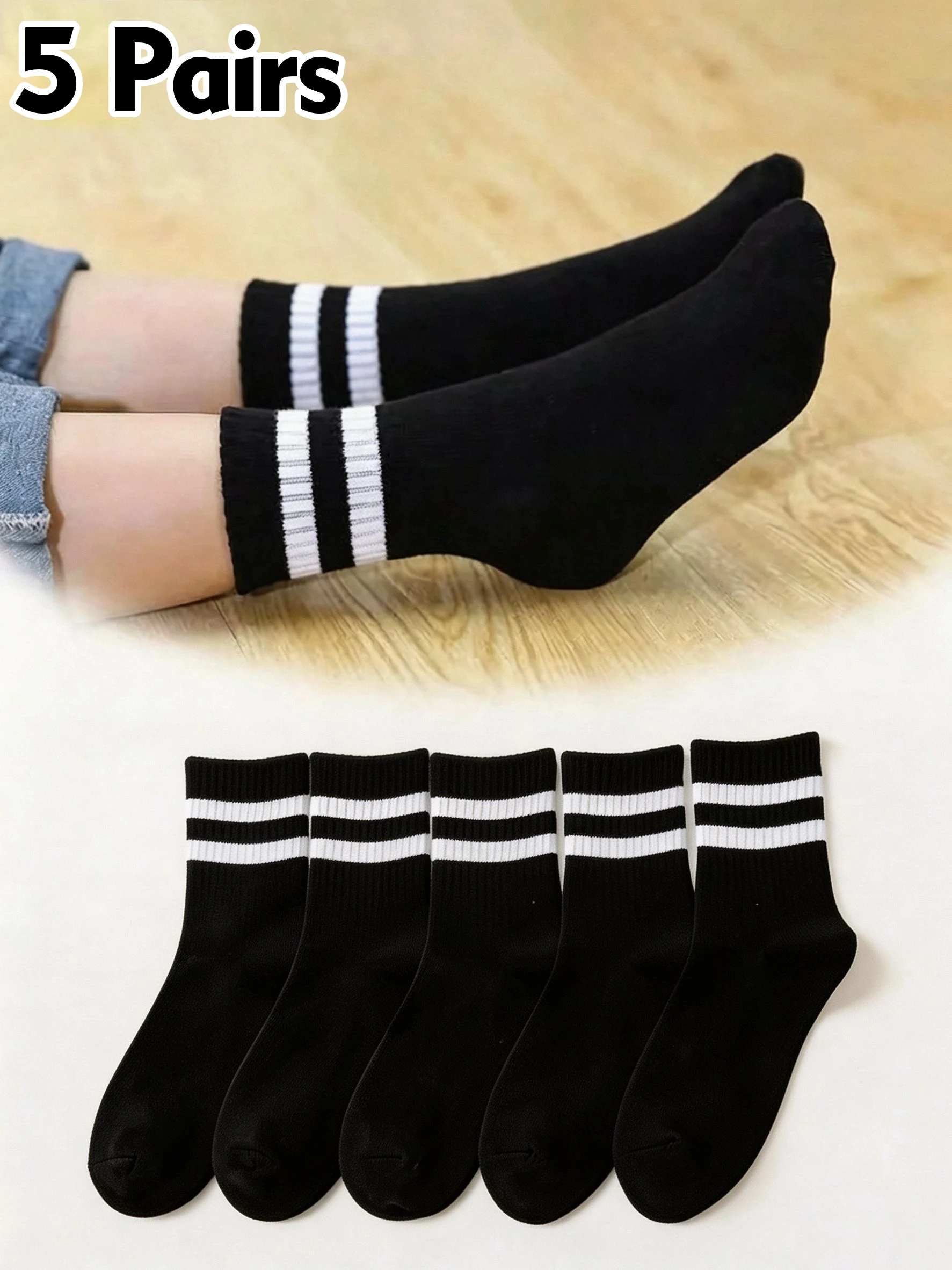 5 Pairs Boys Girls Striped Crew Socks Soft Breathable Cotton 2-12Y School Sports Casual Black White Daily Wear Children Socks