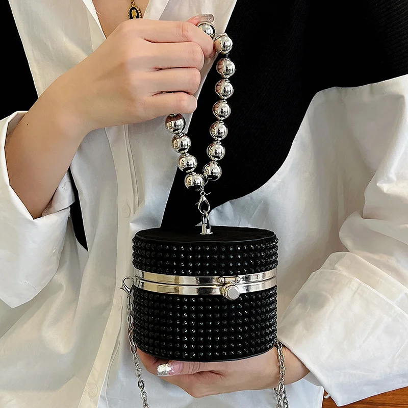 Moda torba wieczorowa dla kobiet czarny srebrny nit okrągły kopertówki damski łańcuch torba moda diamentowa torba na ramię