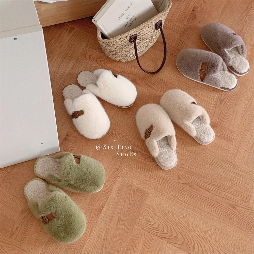 Stylish Simple Casual Flat-bottomed Bag Head Fluffy Shoes Student Version Indoor Home Fleece Thermal Cotton Slippers Women