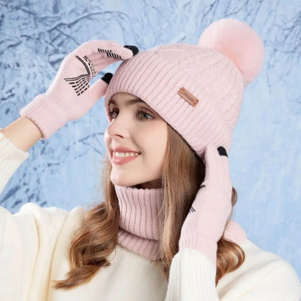 Conjunto de guantes y bufanda de Color sólido suave, gorro de punto térmico de lana cálida, Protector de cuello, gorro de invierno con forro polar para clima frío, 3 uds.