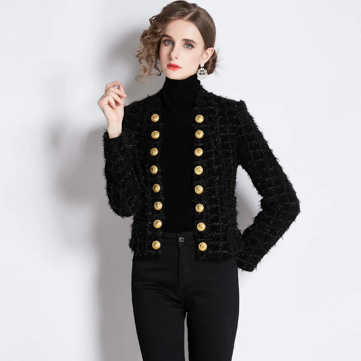 

WTIANYUW 2022 New High Quality Autumn Winter Women Jacket V Neck Single Breasted Tassel Metal Button Cardigan Short Coat