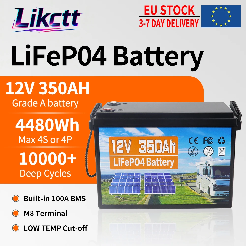 12V 350Ah LiFePO4 Lithium Batterij, Max. 4480Wh, 10000 Deep Cycle Batterij | Lithium-ijzerfosfaatbatterij met laagtemperatuurbeveiliging voor thuisenergie, camper, trollingmotor, scheepvaart,