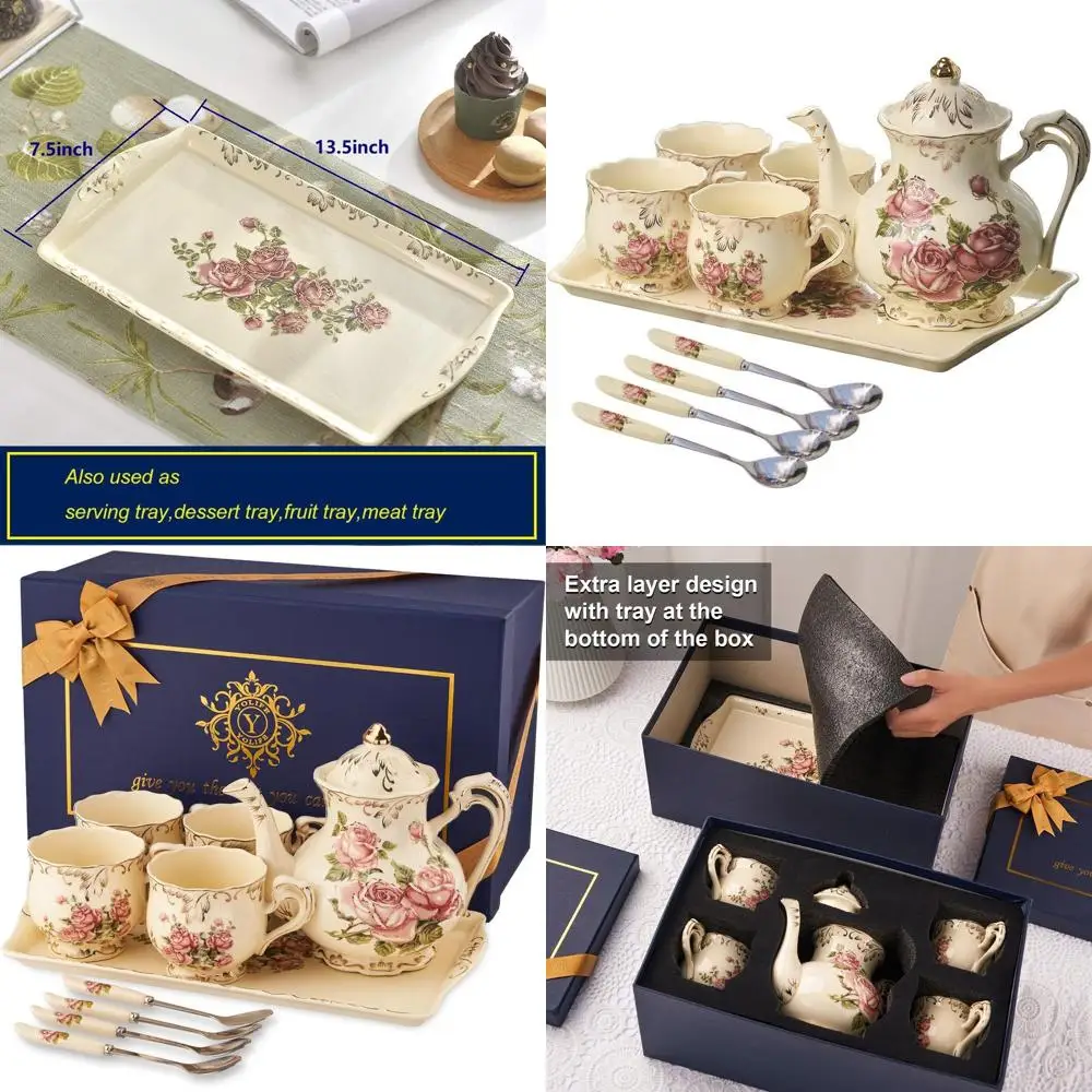 

Винтажный фарфоровый чайный сервиз на 4 персоны, включая чашки, чайник, поднос и чайные ложки, идеально подходит для чаепитий и в качестве подарка