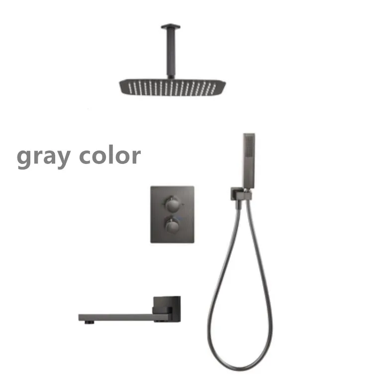 Gunmetal gray color 10 or 12 inch Rain Shower Head Bathroom Brass Thermostatic Bath ceiling Shower Set faucet shower set