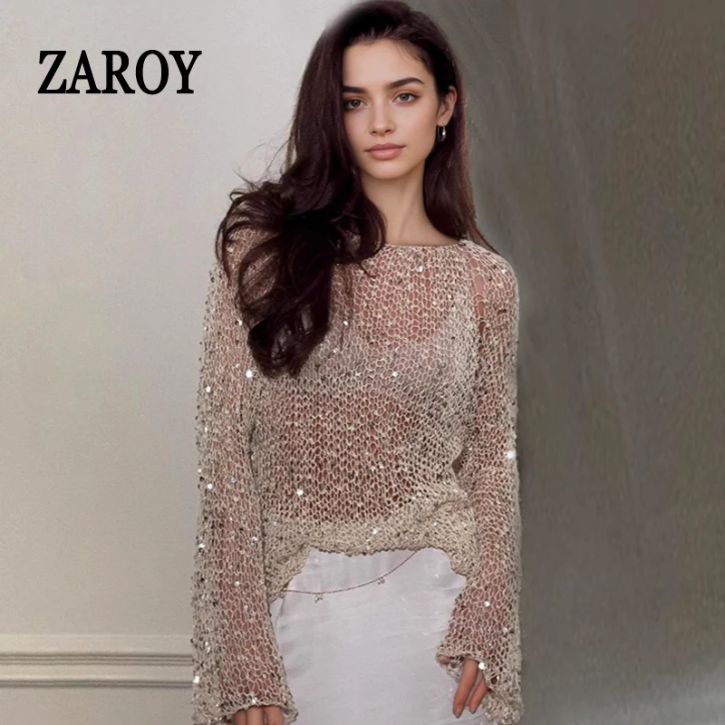 Sequin Sweater Pullover Spring Women Long Sleeve Sunscreen Cover-up Tops Hollow Out Sexy See Through Knit Glitter Shinny Shirt