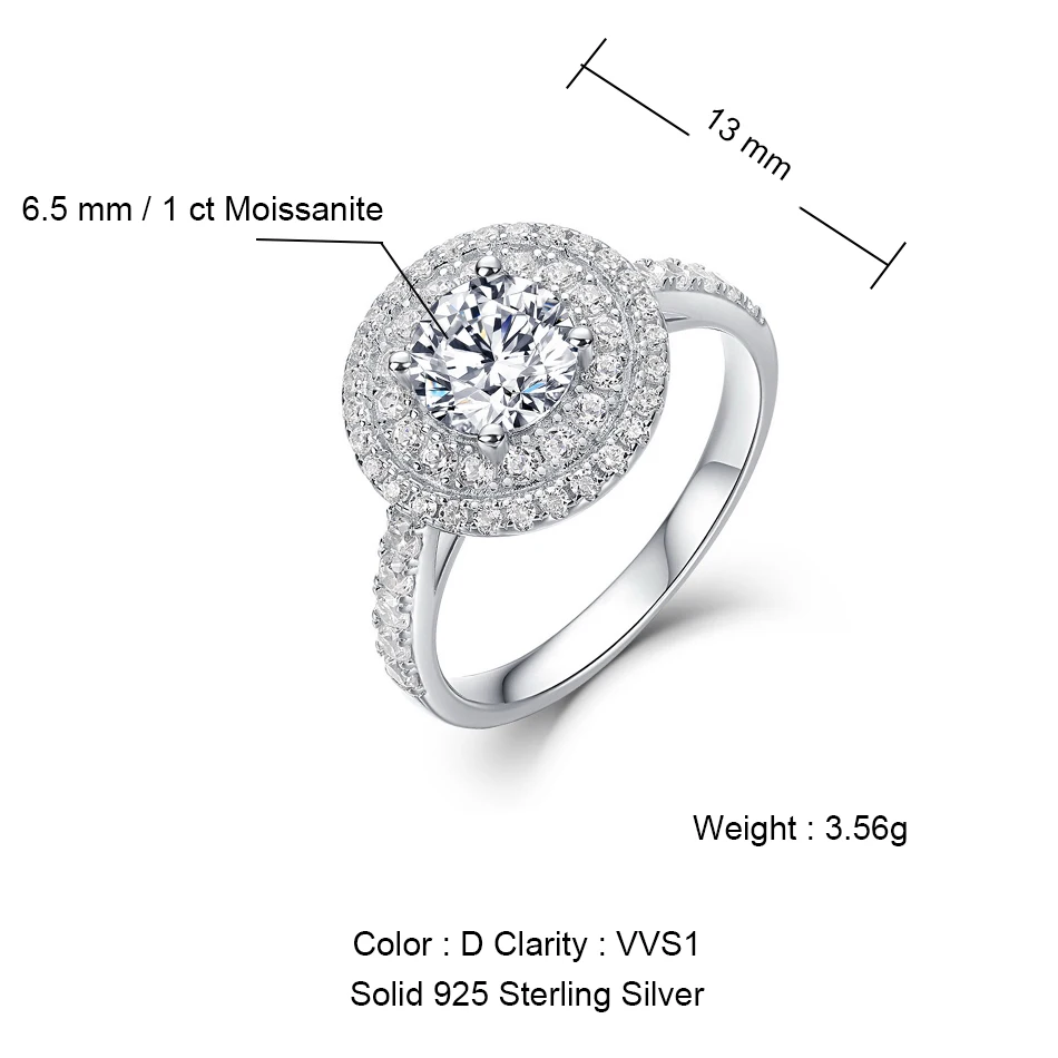 ALLNOEL D Color 1CT Moissanite 925 Sterling Silver Ring For Women Brilliant Diamond Finger Band Wedding Jewelry Gift With GRA