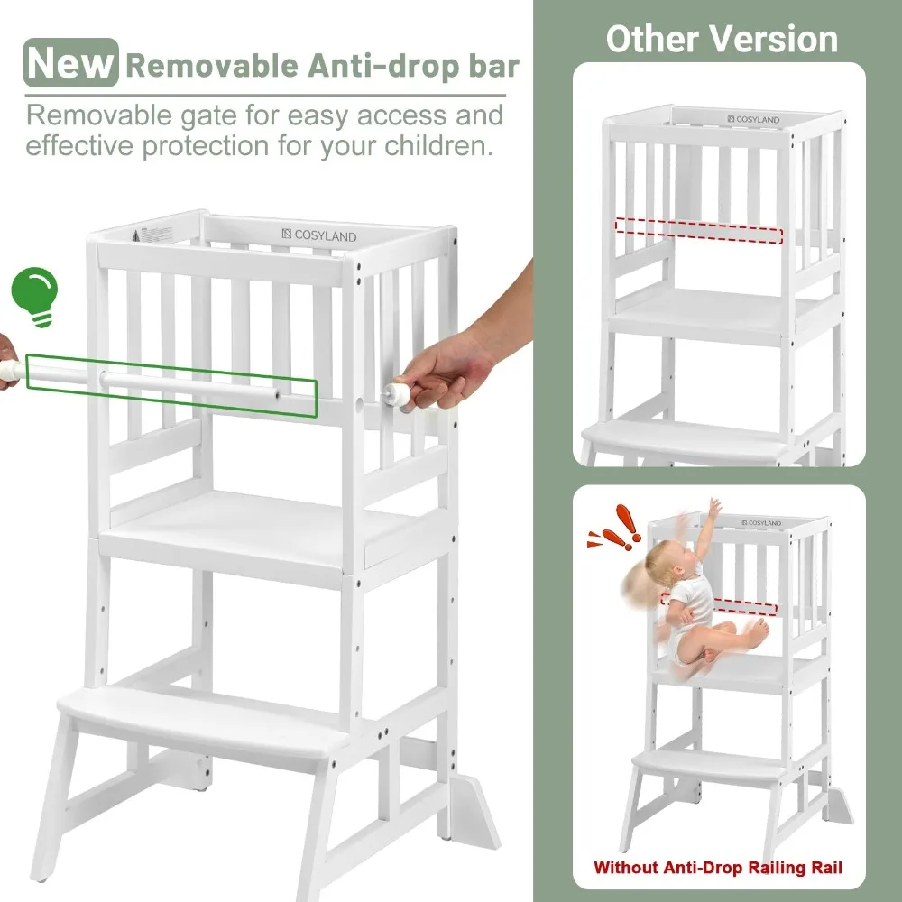 Children's Kitchen Step Stool, Height Adjustable Toddler Standing Tower, Certified CPC and FSC, Detachable Safety Railing