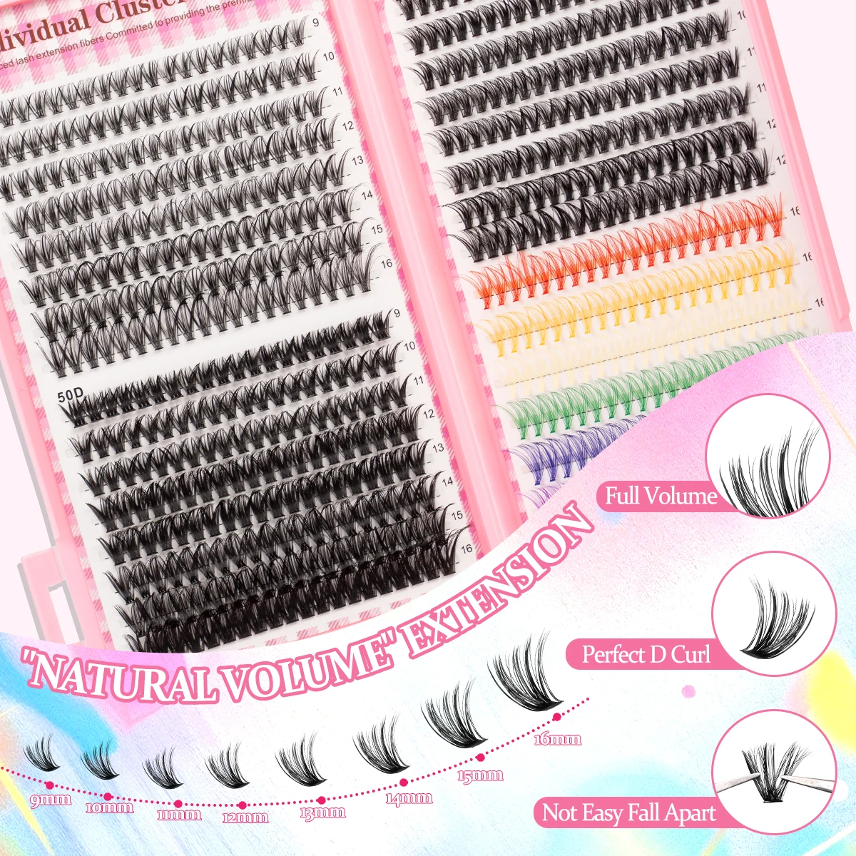 Duże, kolorowe kępki rzęs 30D40D50D 9-16mm, pęseta, klej do rzęs, miękkie i puszyste, odpowiednie do użytku osobistego i w podróży.