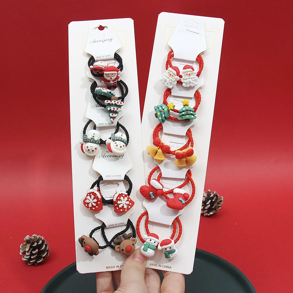 10Pcs/Set Girl Cartoon Christmas Hair Ties Elastic Rubber Band Kids Sweet Hair Band Santa Claus Scrunchies Hair Accessories Gift