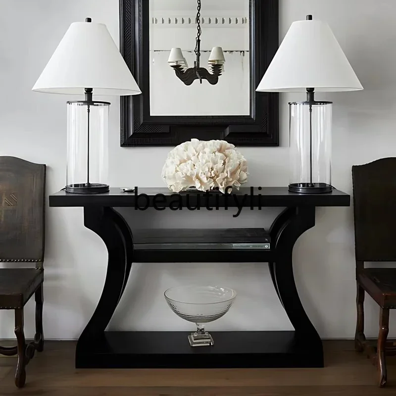 

French antique black entrance table solid wood foyer aisle retro entrance table against the wall, entrance cabinet2005