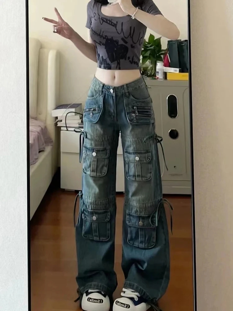 Women BF Style Y2k Streetwear Harajuku Baggy Multi-Pocket Blue Denim Cargo Pants Low Waisted Wide Leg Jeans 2000s Aesthetic Kpop