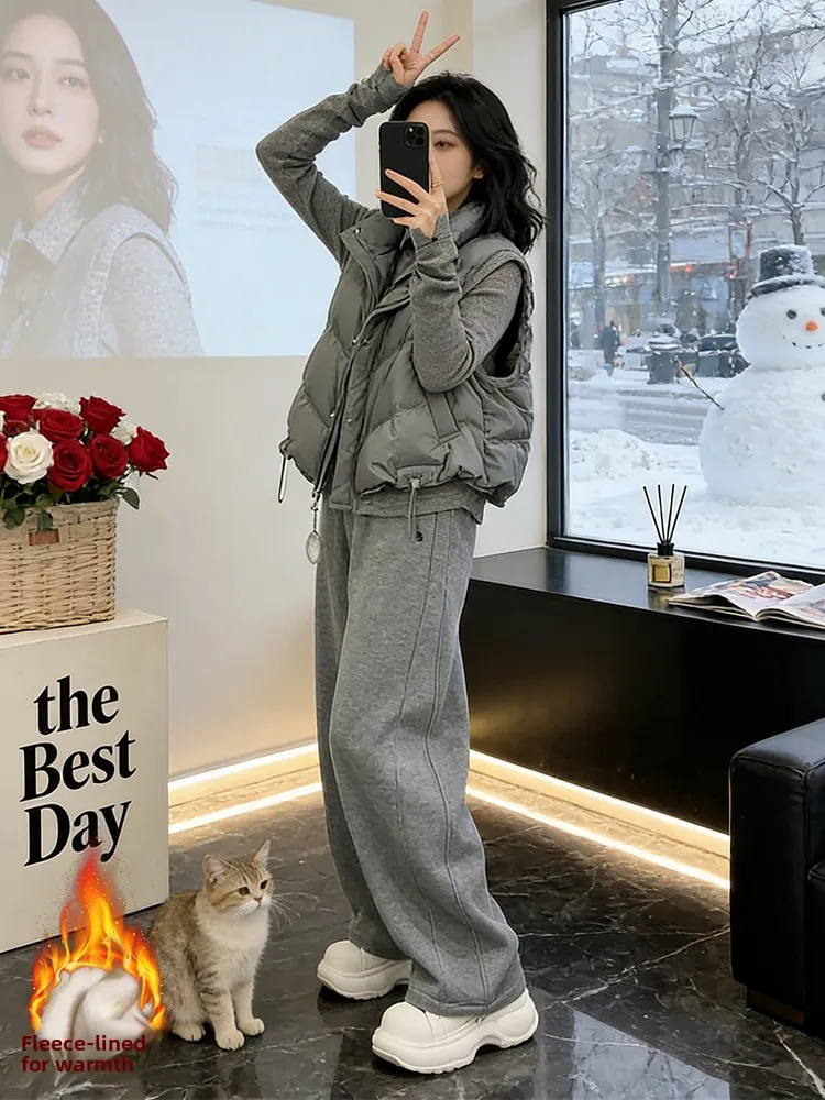

Cooling down ential Casual Set Women's Winter New Korean Sle Vest Wide Leg Pants Tee Piece Set Faionable Commute Sle