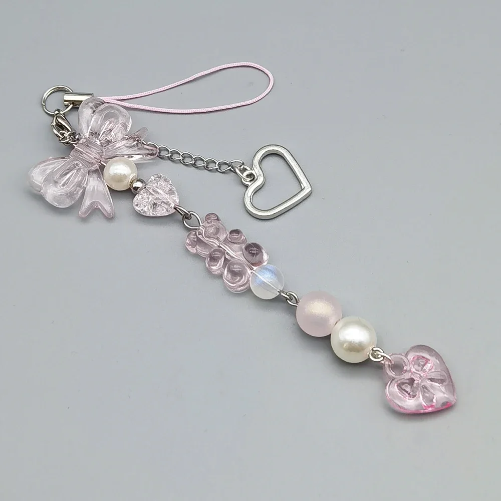 

Y2K Pink Pearls Heart Beads Phone Charm Strap Keychain Lanyard Anti-Loss Phone Case Pendant Girl Woman Keycord