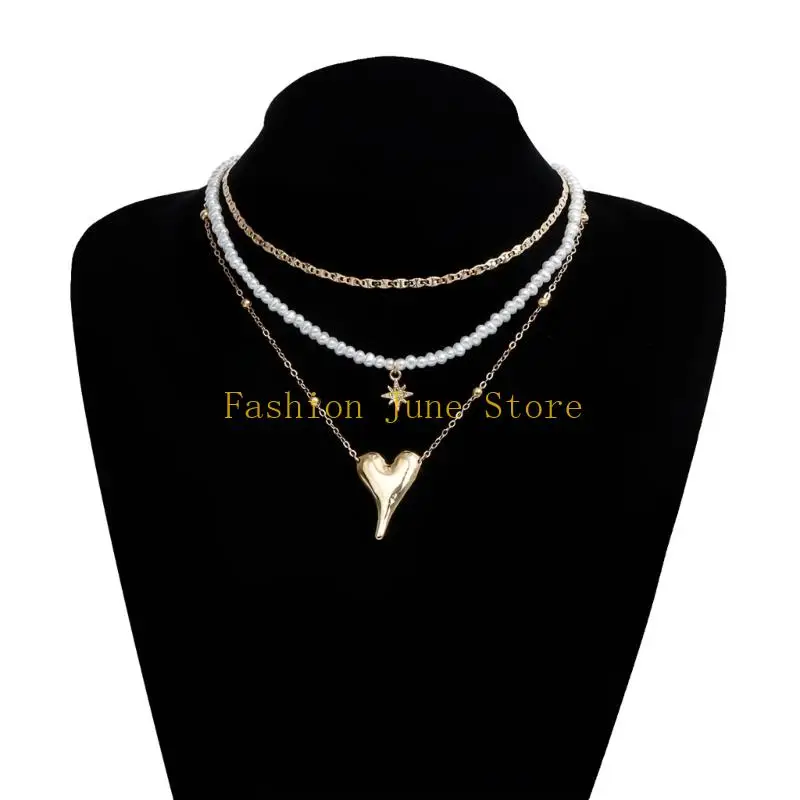 N5KA موضة طبقات قلادة الرقبة مجوهرات مع نجمة القلب غير النظامية واللؤلؤ المقلد لملابس يومية أنيقة #2