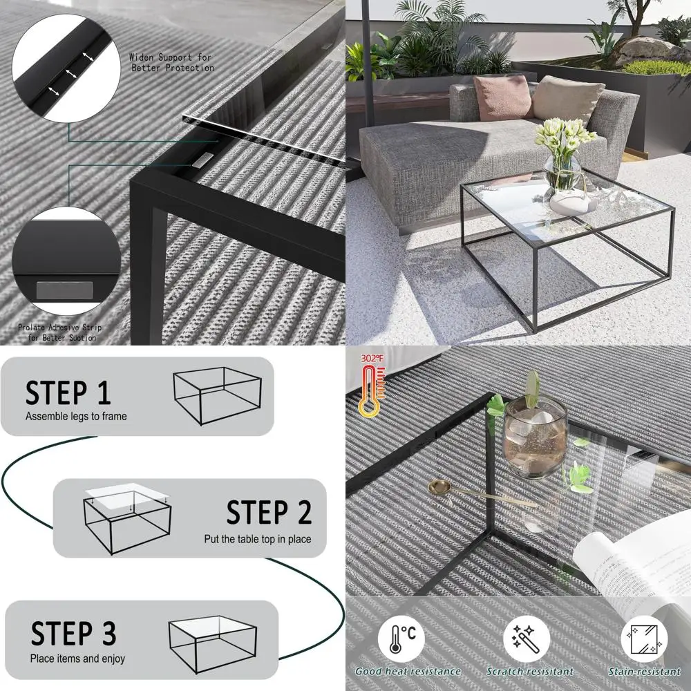 

Modern Minimalist Glass Coffee Table with Metal Frame for Living Room, Easy Assembly, 26.4x26.4x15.7 Inches, Black