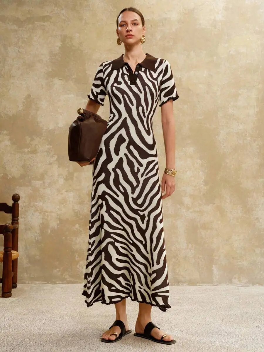 

Women’s Zebra Jacquard Knit Midi Dress, Short Sleeve Collar Bodycon Fit With Frayed Hem, Spring Fall Elegant Casual Outfit
