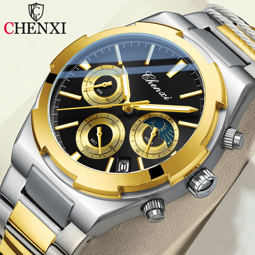 

CHENXI мужские роскошные спортивные кварцевые часы водостойкий хронограф мужские светящиеся дата деловые наручные часы из нержавеющей стали