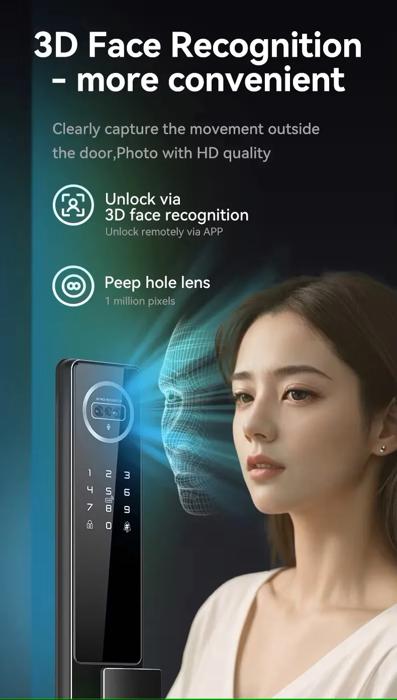 2024 New style Tuya Wifi video intercom 3D face recognition fingerprint lock intelligent door lock high-end smart door lock