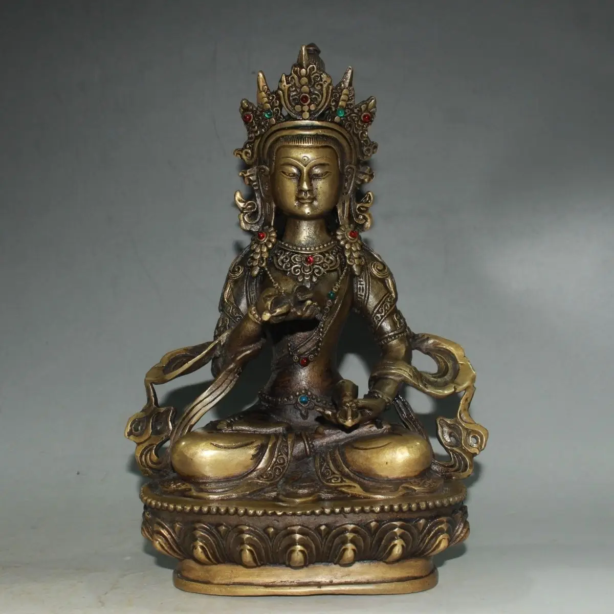 3 Early collection, pure copper inlaid gemstone Vajrasattva Length 15 cm Width 10 cm Height 22 cm 5g AF0616