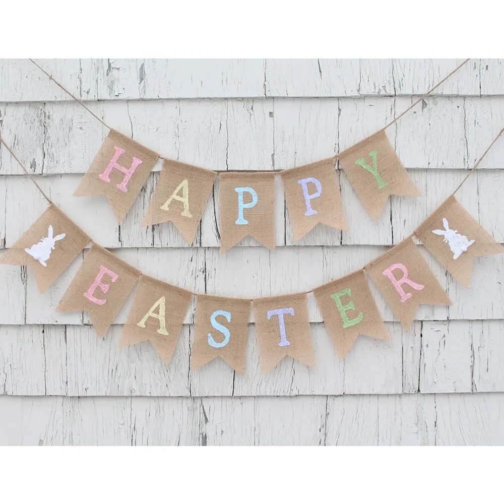 

Happy Easter Bunny Printing Burlap Banner Spring Festival Outdoor Decorations Easter Party Accessories Home Wall Hanging Bunting
