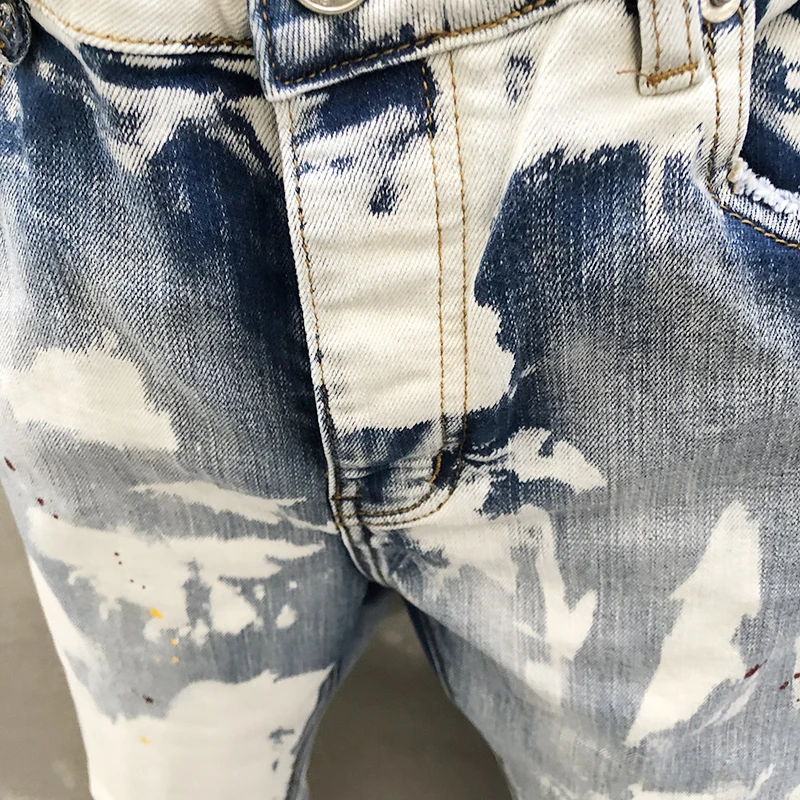 Street Retro Skinny Jeans Men Paint Inkjet White Jean Blue Motorcycle Pants Streetwear Trousers Stretch Pantalon Vaqueros Hombre