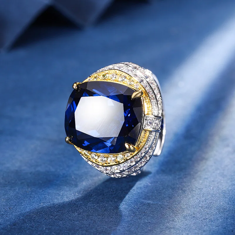 

New jewelry with copper base plated with diamond jade, long rectangular shape, light luxury and personalized women's ring 14*16