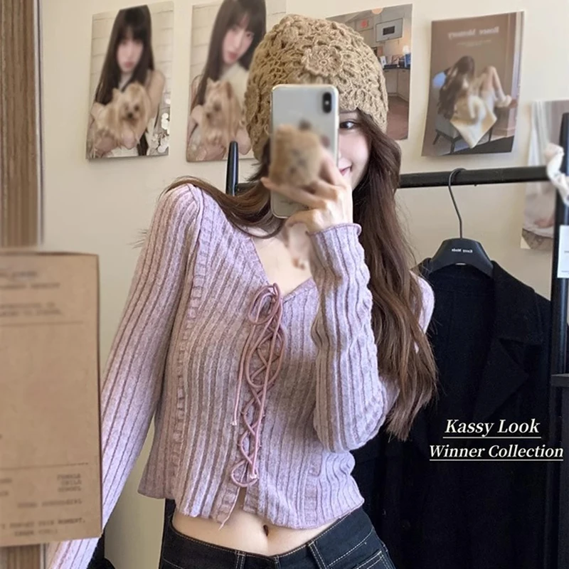 Long Sleeve Slimming Knitted Top Soft Supple  V-Neck Cropped Top Women Age-Reducing Slimming Pullovers Direct  Manufactur