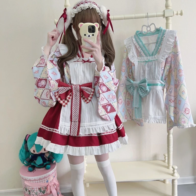 Japanese Sweet Suger Girl Lolita Dresses Cute Heaty Maid Summer Skirt Shirt Apron Bow Tie Sets Jsk Cosplay Outfits Spring Fall