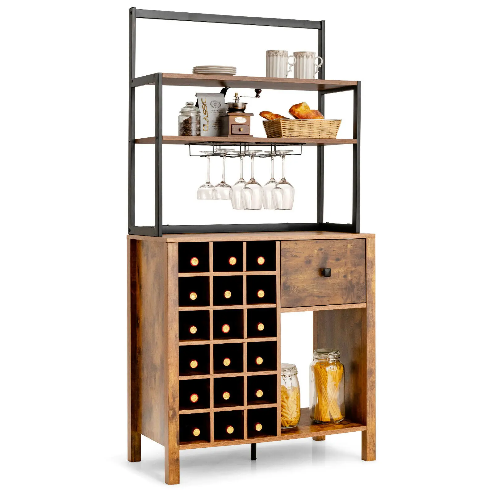 Kitchen Bakers Rack Freestanding Wine Rack Table w/ Glass Holder & Drawer Rustic