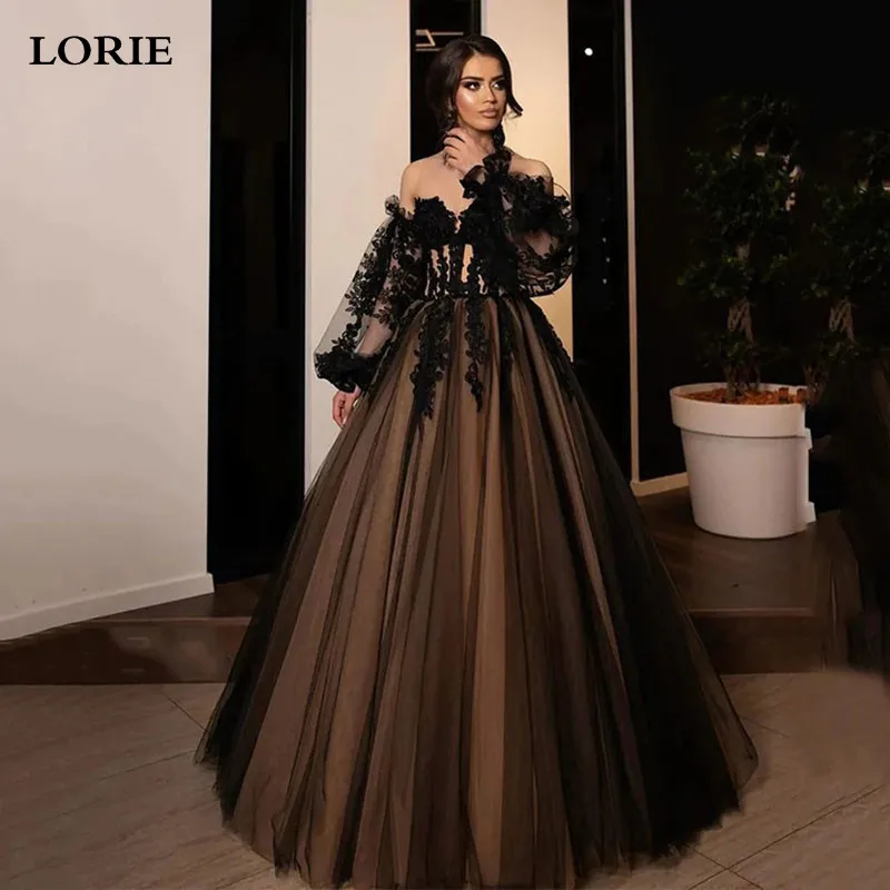 

LORIE Black Lace Wedding Dresses A Line Off The Shoulder Puff Sleeve Bride Dress Sweetheart Neck Champagne Lining Wedding Gowns