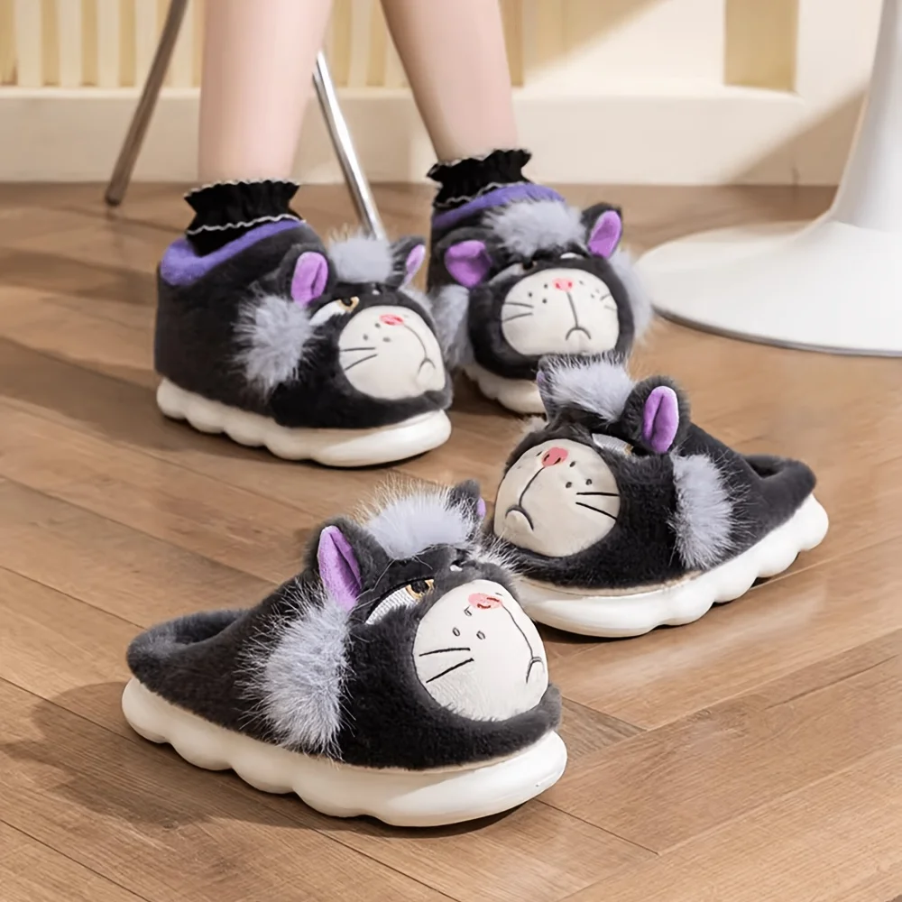 Niedliche und coole Katzen-Baumwollpantoffeln mit dicker Sohle für Damen, warme Winter-Hausschuhe für drinnen, Herren-Outdoor-Baumwollschuhe mit vollständiger Rückenabdeckung. – Detail 8
