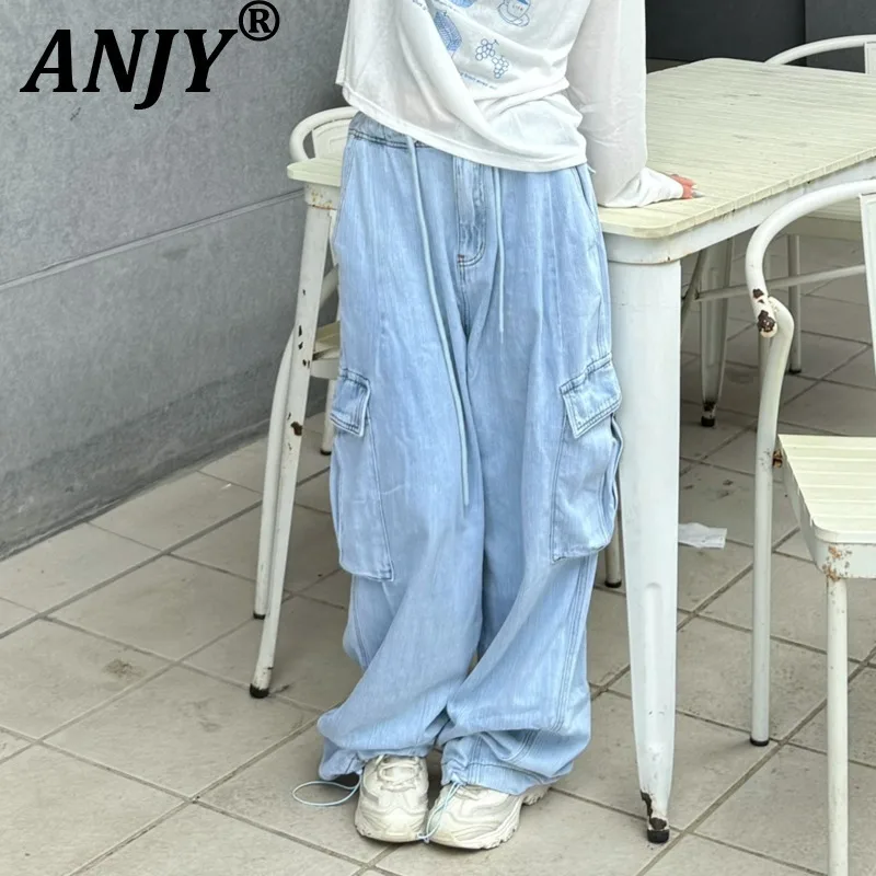 

ANJY Autumn New Women Korean Street Casual Trend Cargo Pocket Jeans Fashion Tide Versatile Loose Wide-leg Denim Pants Ins A12391
