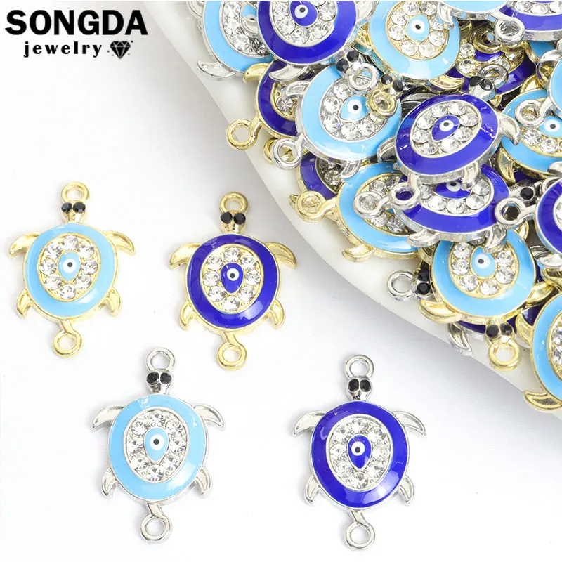 10pcs Ocean Animal Turtle Connectors Inlaid Crystal Enamel Blue Evil Eye Double Loops Charm DIY Marine Style Jewelry Accessories