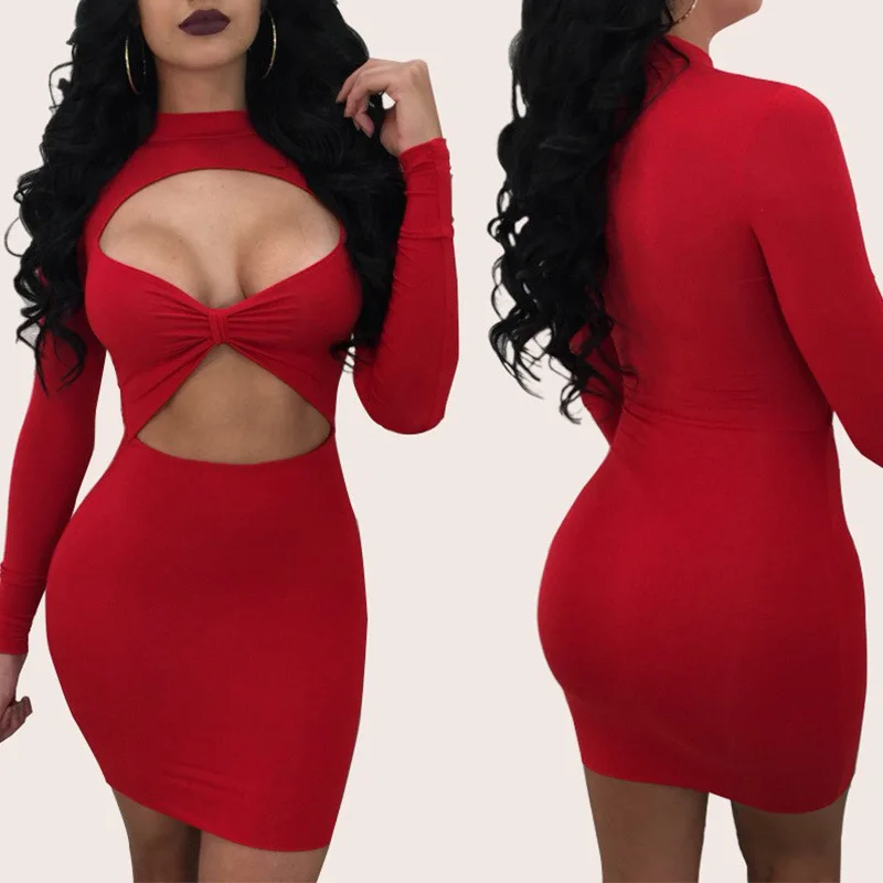 2025 Vestido europeu e americano de primavera, novo, recorte, manga comprida e sexy, justo, decote redondo, roupa feminina